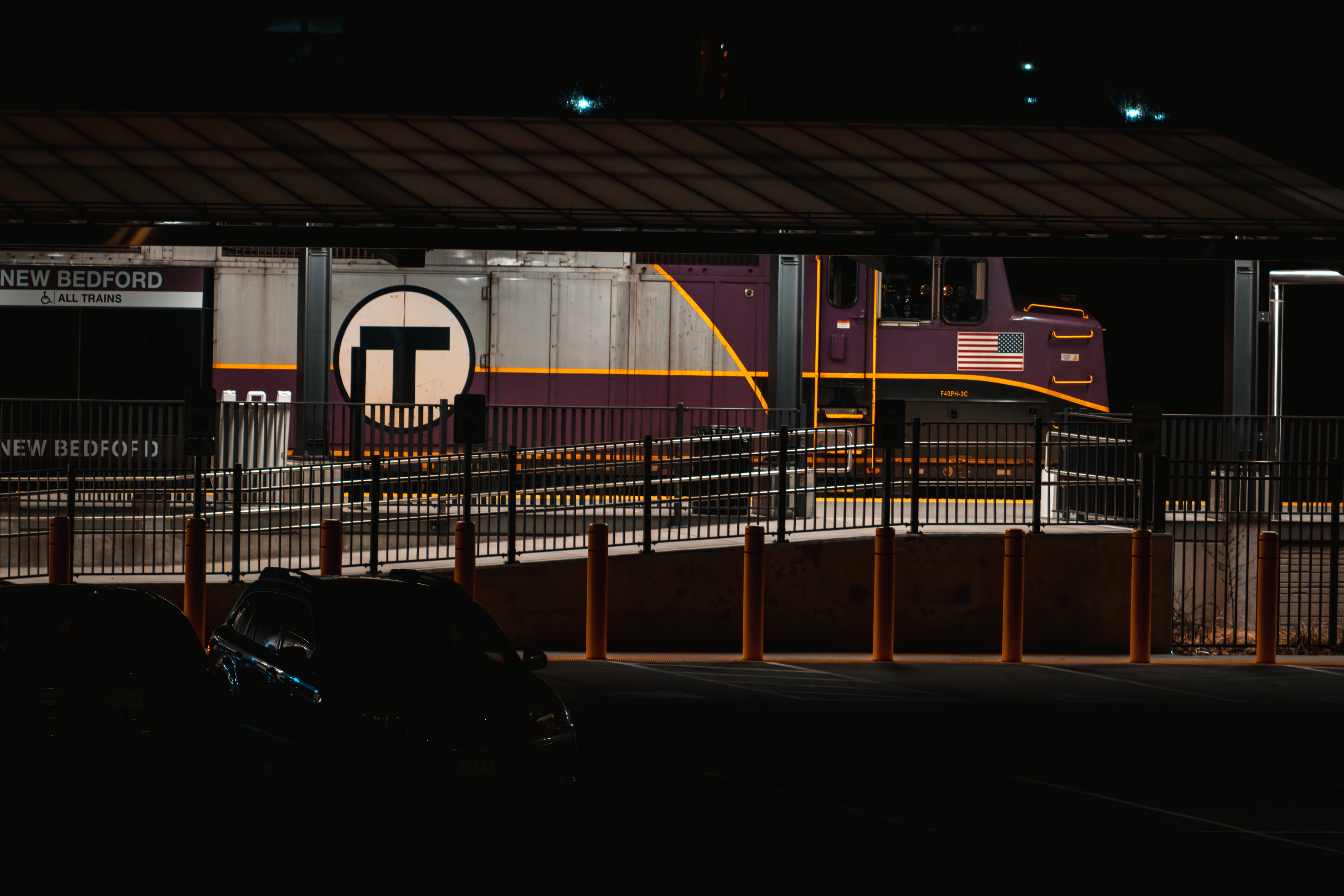 MBTA train at night